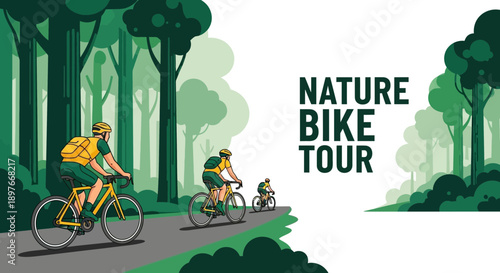 Cyclists Enjoy Scenic Forest Bike Tour Adventure On Road With Trees And Nature