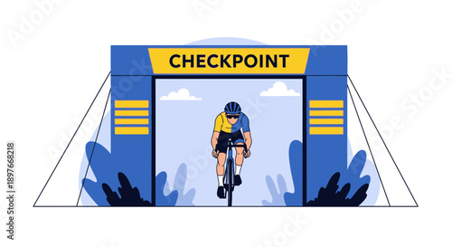 Cyclist Reaching Checkpoint: Sporting Event Illustration With Blue And Yellow Colors