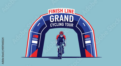 Cyclist Reaching Finish Line In Grand Cycling Tour Competition Illustration