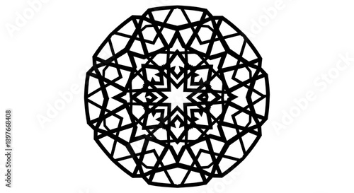 Intricate circular geometric pattern with starburst and mandala elements, black line art design on an isolated white background.