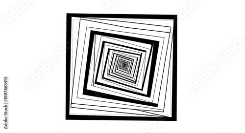 Abstract optical illusion, geometric rotating squares creating a black and white vortex tunnel effect on an isolated white background.