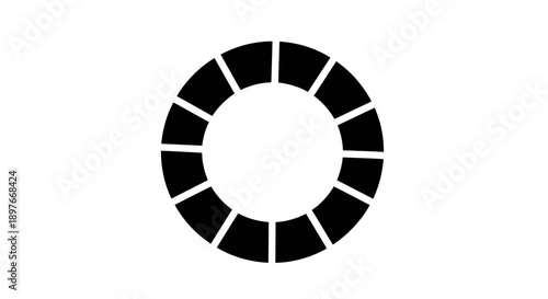 Black Circular Segmented Progress Bar Loading Icon, Isolated White Background