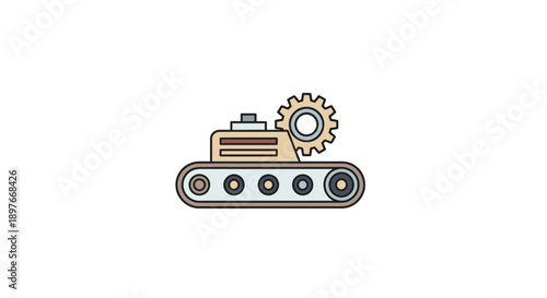 Isometric assembly line icon, industrial conveyor belt system with gear representing manufacturing and production on an isolated white background.
