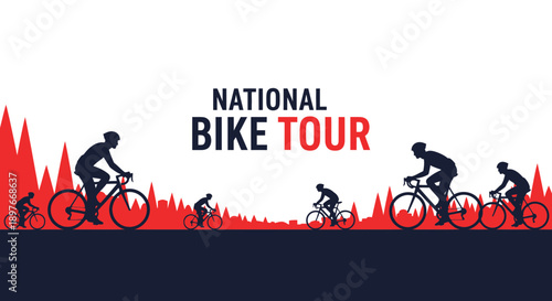 Cyclists Silhouettes Promoting National Bike Tour With Red Abstract Mountains in Background