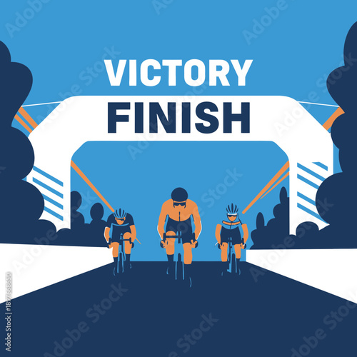 Cyclists Sprint Towards A Dramatic Finish Line Archway Triumph And Competition