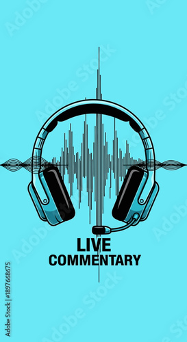 Distinctive Live Commentary Illustration Featuring Headphones and Sound Wave Visualization