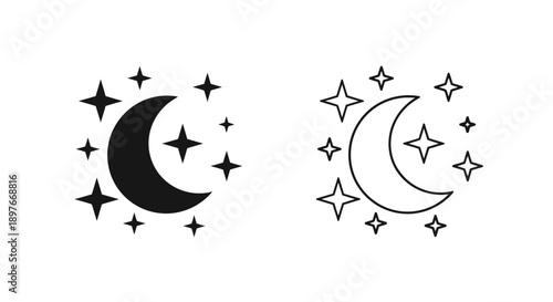 Moon and stars icons, black and white