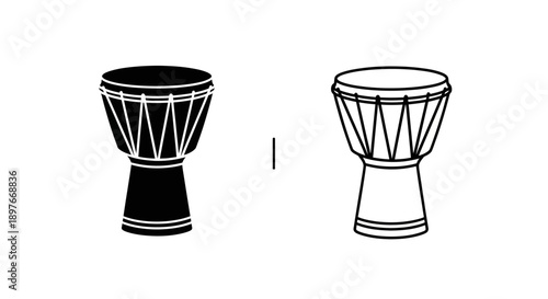 Djembe drum icons, black and white
