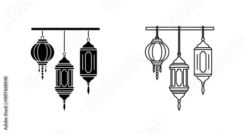 Hanging lanterns icons, black and white