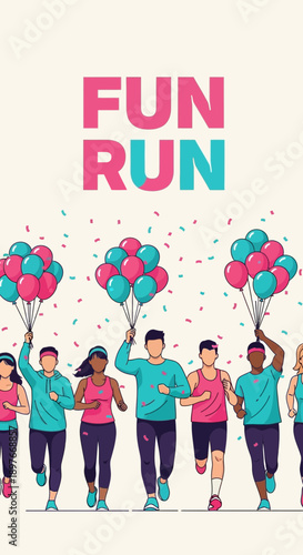 Diverse Group Celebrates Fun Run With Colorful Balloons and Confetti Joy