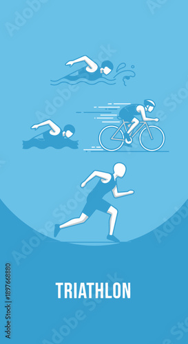 Depiction Of A Triathlon Athlete Performing Swim Bike And Run, With Stylized Blue Illustration