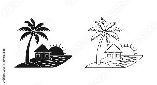Tropical island hut and palm tree icons