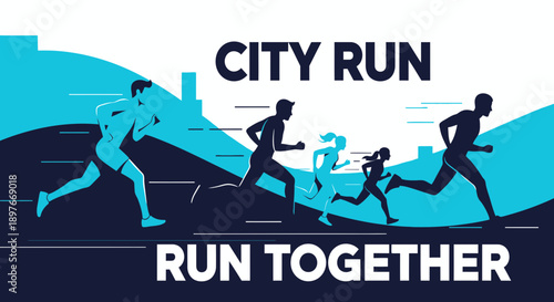 Diverse Group Running Together In A City Marathon Event Illustration