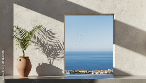 Minimalist Mediterranean Window View Over Ocean AI Generated