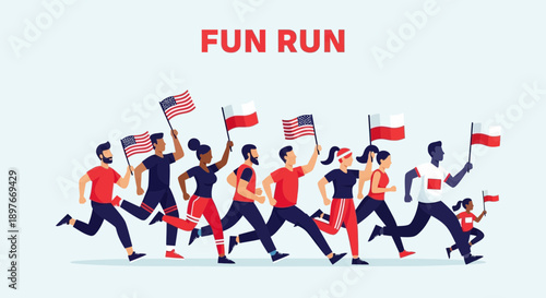 Diverse Group Running With National Flags Celebration of Unity and Patriotism
