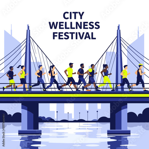 Diverse Runners Celebrate City Wellness Festival On Modern Bridge