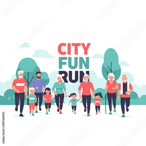 Diverse Multigenerational Family Enjoying A Lively City Fun Run Outdoors