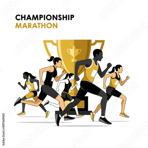 Dynamic Athletes Compete in a Championship Marathon with Trophy Background Victory Illustration