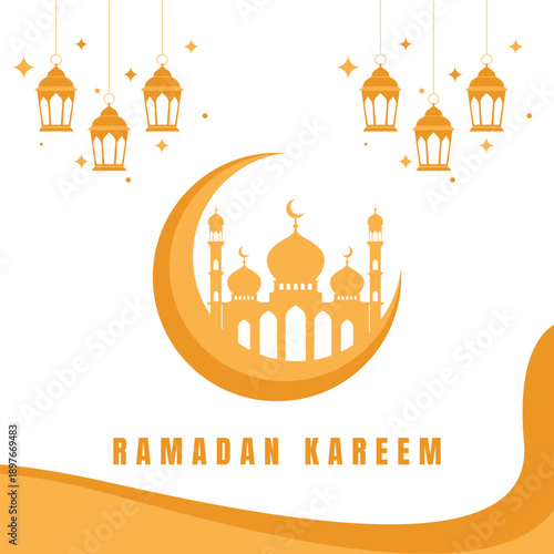 ramadan kareem greeting with mosque, crescent moon, and lantern design template