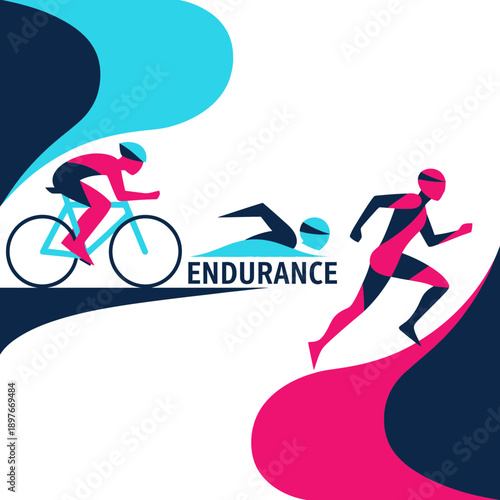 Dynamic Athletes Competing In Triathlete Sports With Word Endurance