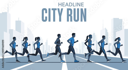 Diverse Runners Competing In Urban Marathon City Race