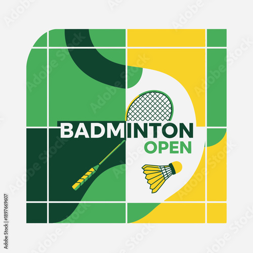 Dynamic Badminton Open Championship Graphic With Racquet And Shuttlecock Emblem