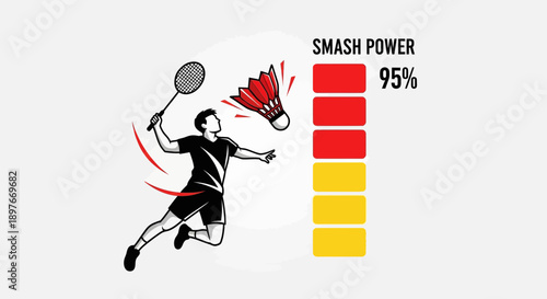 Dynamic Badminton Player Executing Powerful Smash With High Power Meter
