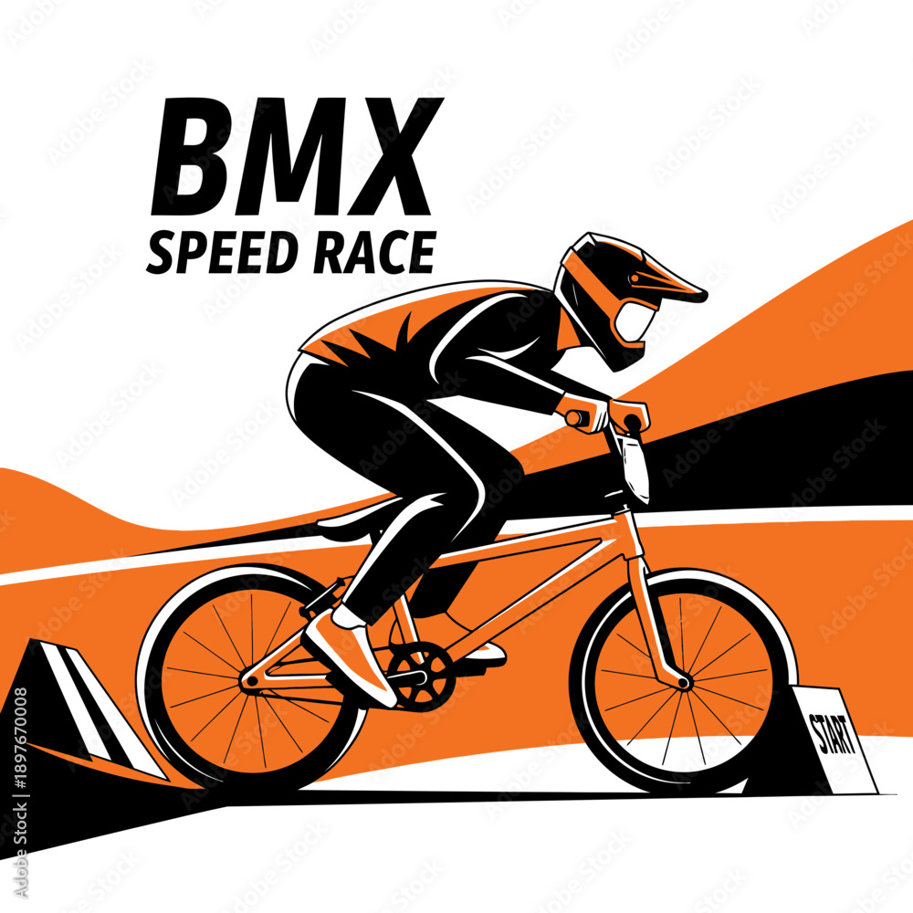 Fototapeta premium Dynamic BMX Rider Navigating Course Depicted With Bold Contrasting Orange and Black Elements