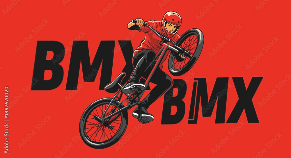 Fototapeta premium Dynamic BMX Rider Performing a Stunt with Bold Typography on Red Background