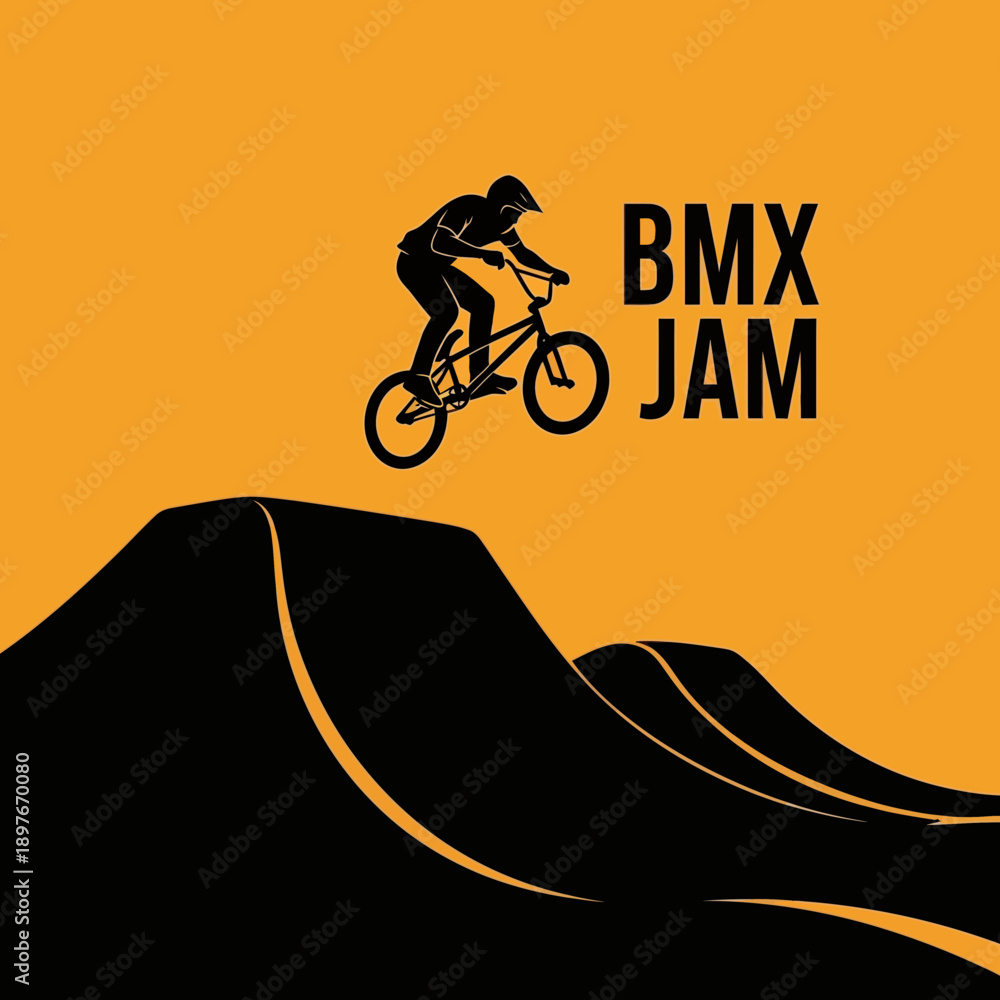 Naklejka premium Dynamic BMX Rider Performing Stunt on Ramp with Vibrant Orange Background Design