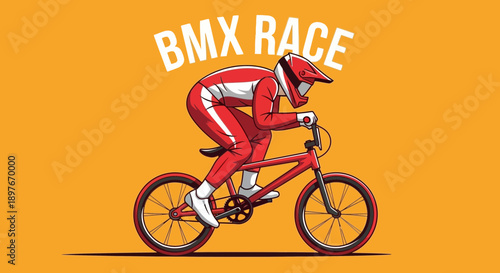 Dynamic Bmx Rider In Full Racing Gear On Orange Background
