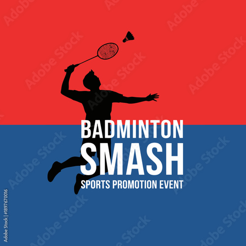 Dynamic Badminton Smash Illustration for Sports Promotion Event With Vivid Red and Blue Background