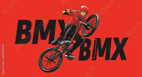 Dynamic BMX Rider Performing a Stunt with Bold Typography on Red Background