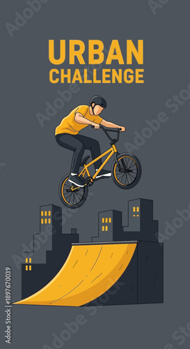 Dynamic Bmx Rider Performing Extreme Stunt Over Urban Cityscape Illustration