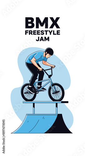 Dynamic Bmx Rider Performing Extreme Freestyle Stunts On Ramp