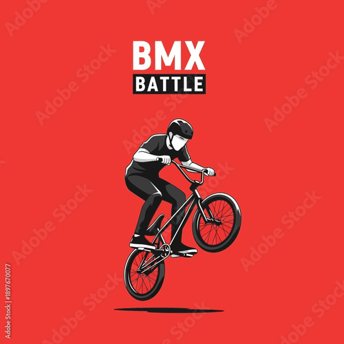 Dynamic BMX Rider Performing Stunt Against Vibrant Red Background Ready For Action