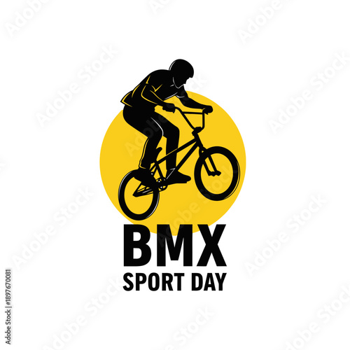 Dynamic BMX Rider Performing Stunt Silhouette Against Bright Yellow Circle and Text