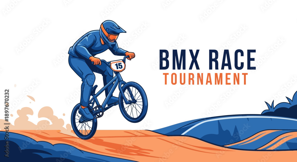 Naklejka premium Dynamic BMX Race Illustration Featuring Athlete Performing Tricks During Tournament Event
