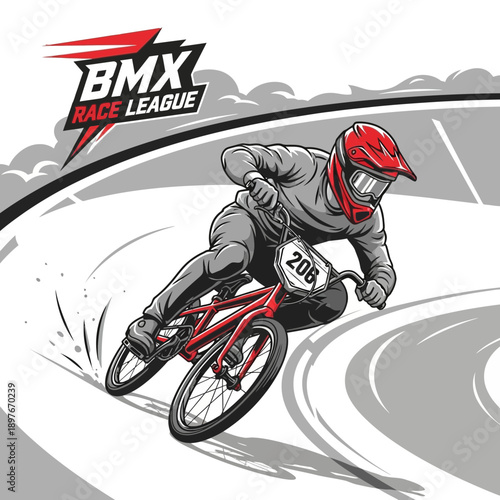 Dynamic BMX Racer Executes a Strenuous Turn in a Professional Track Competition Depiction