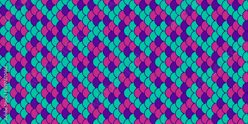 Vibrant geometric pattern featuring interlocking teal and purple scales.  Ideal for textile designs, website backgrounds, or any project needing a bold, playful aesthetic.