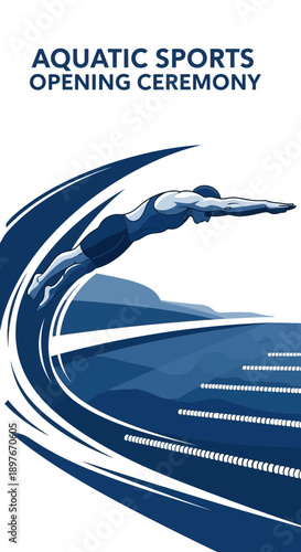 Dynamic Depiction Of Aquatic Sports Event Featuring Swimmer's Dive In A Watery Arena