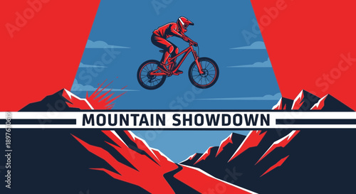 Dynamic Downhill Mountain Biker Airborne Extreme Sports Action Graphic