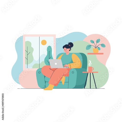 Work from home flat illustration of remote worker lifestyle
