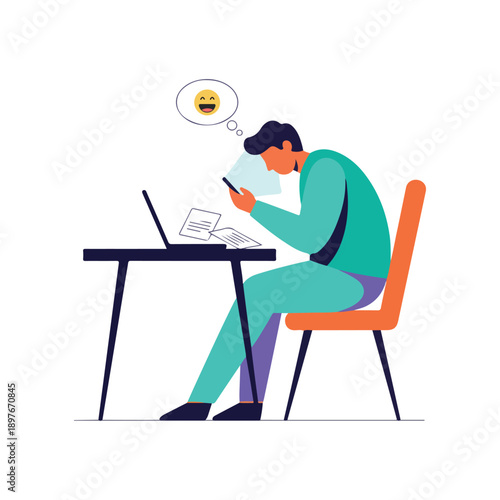 Office distraction flat illustration of employee using smartphone