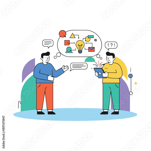 Team discussion flat illustration of coworkers sharing ideas