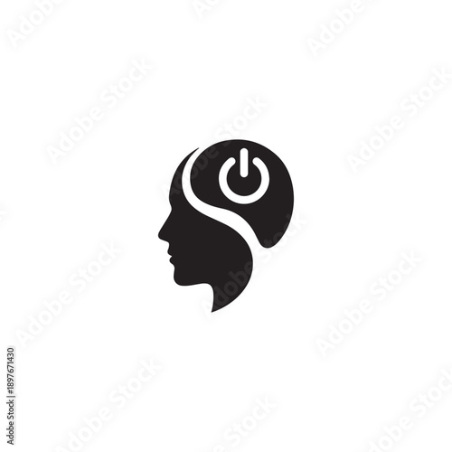 Human Head Power Button Icon. Mind Control and Digital Intelligence Concept.