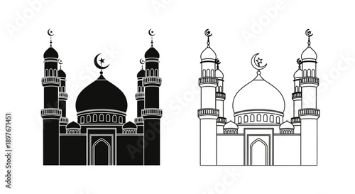 Mosque Silhouette Icon: Islamic Architecture with Minarets and Dome