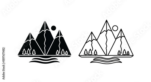 Mountain Landscape Silhouette: Nature Icon with Trees and Sun