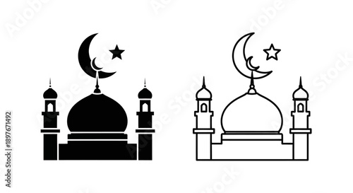 Mosque Silhouette Icon: Islamic Architecture with Minarets and Dome