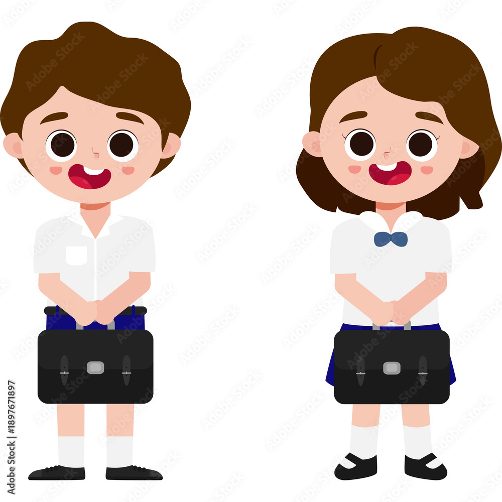 Obraz premium thai students in school uniform greeting sawasdee, cute cartoon element illustration